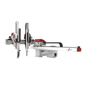 High-performance 5-axis dual-sections robotic arm for precision plastic injection molding automation, featuring dual vertical sections and linear traverse