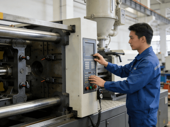 Technician inspecting a used injection molding machine – key buying factors guide