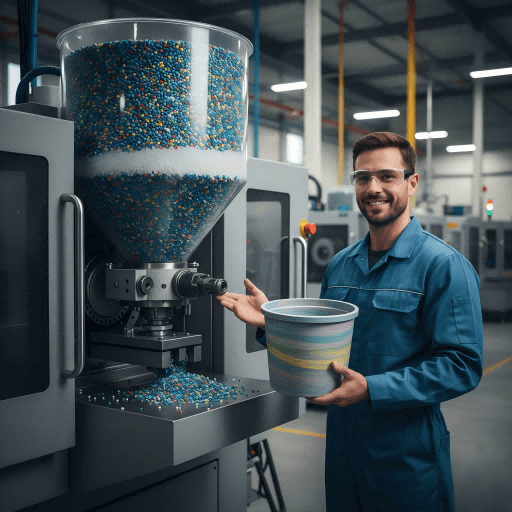 Injection molding machine processing recycled plastic pellets.